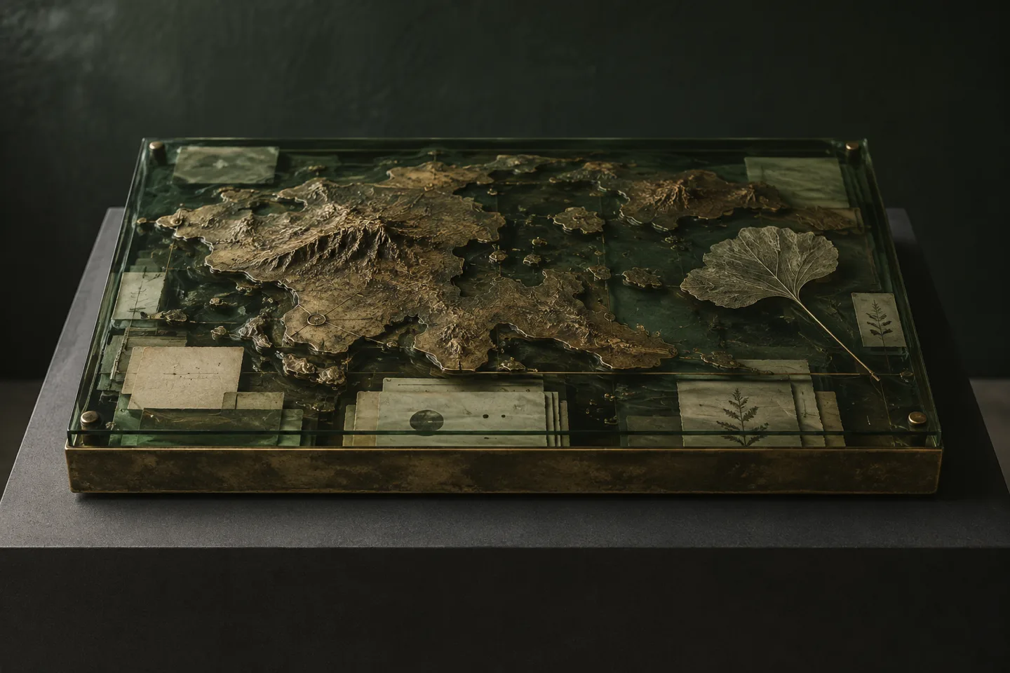 A fictional archive relief map beneath glass